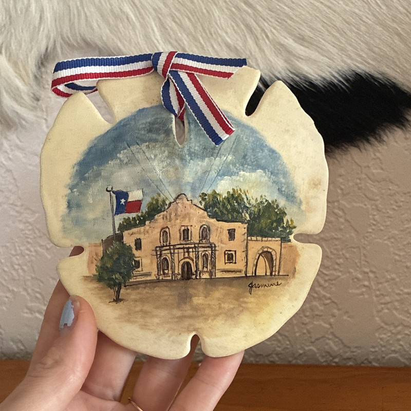 Painted Sand Dollar Shell Hanging Ornament w/ Red White Blue Ribbon Alamo Scene