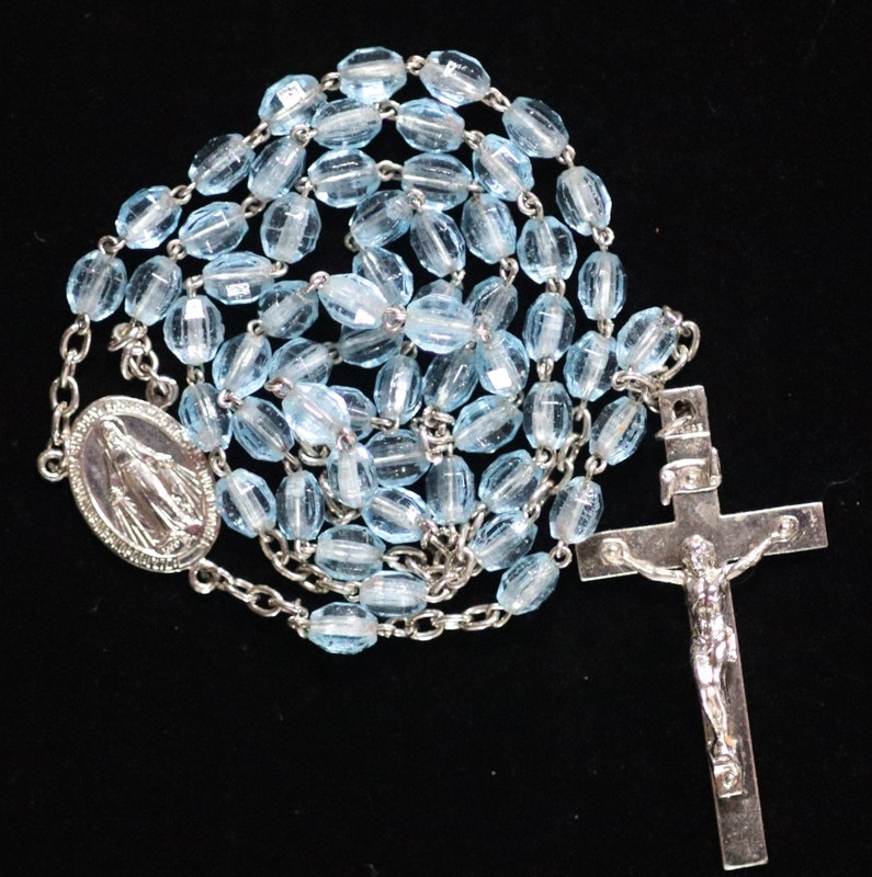Vintage Topaz Blue Faceted Glass Bead Catholic Rosary 18.5 Inch Length