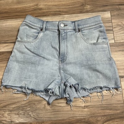 Express Mom Shorts Super High Rise Shorts Sz 6 Stretch Raw Hem Blue Jean