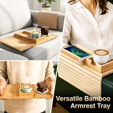 Korsiv Bamboo Couch Arm Table - Couch Arm Tray with Extra Removable Tray Durable