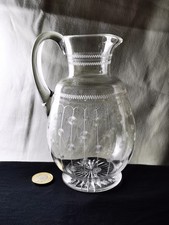 Antique Victorian Glass Claret Wine Jug Ewer Acid Engraved Botanical Etruscan VG