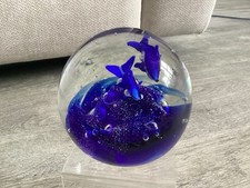 Beautiful Glass Paperweight 2 Dolphins Diving Through The Blue Ocean 3D Effect