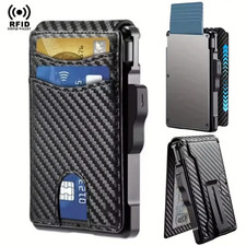 Men's Slim PopUp Bifold Carbon Fiber Wallet, RFID Blocking, Money Clip, Men Gift