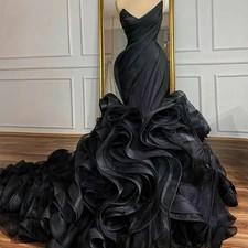 Black Wedding Dresses Mermaid Trumpet Lace Up Zipper Pleat V-Neck Organza Bridal