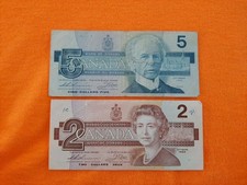 1986 canadian 2 dollar bill And 5 Dollar Bill- 1 Note Each  Average Circulation 