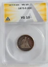 1875-S SEATED LIBERTY 20c COIN, ANACS GRADED VG 10, 90% SILVER