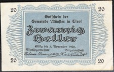 20 Heller Münster/Tyrol 1920 emergency money voucher Austria #16.01.a4