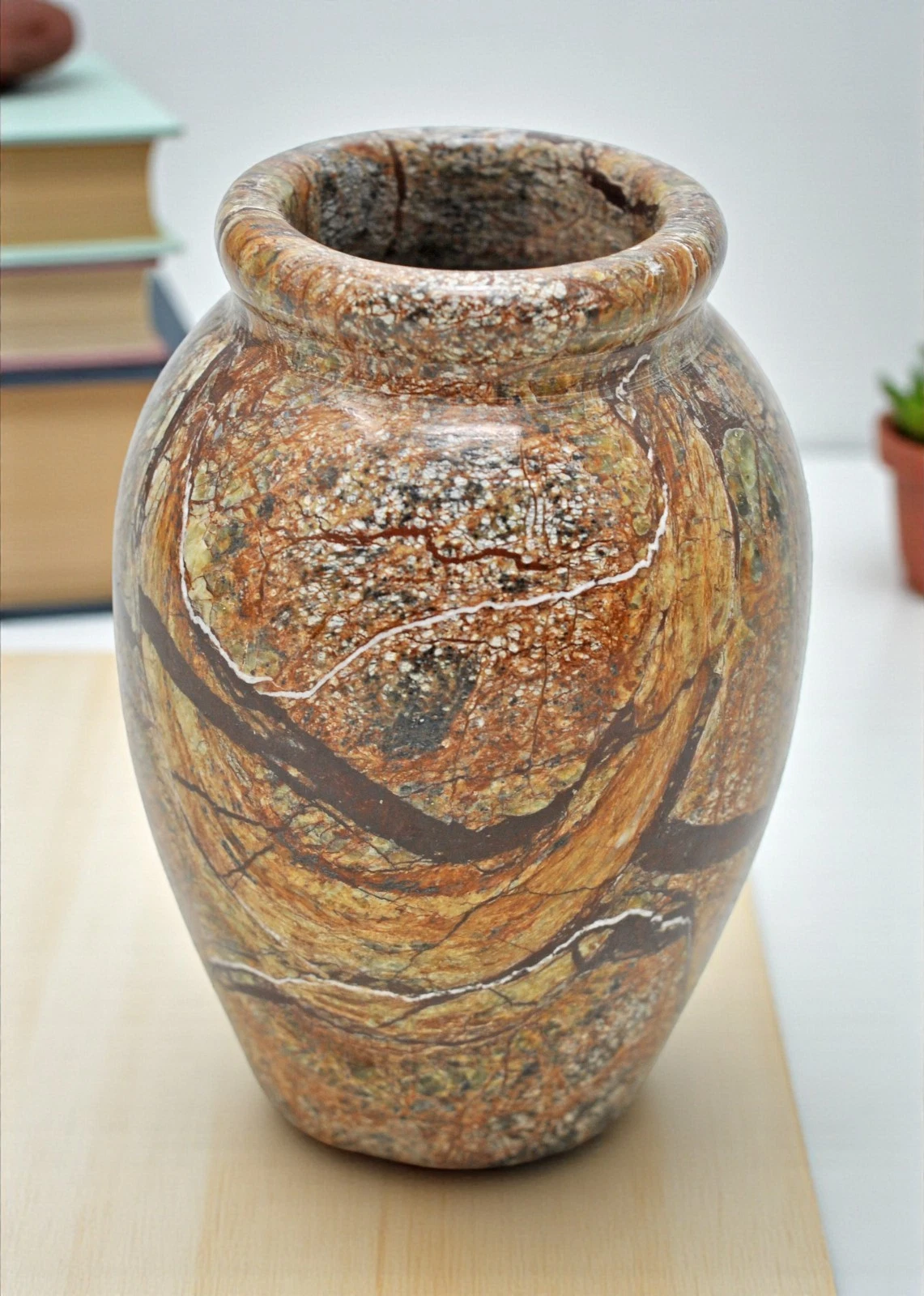 Vintage Original Antique Hand Carved Stone Round Vase