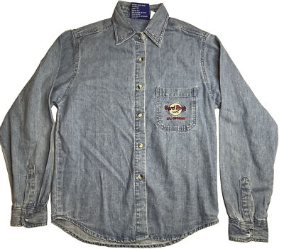 Vintage Hard Rock Cafe Embroidered Button Up Denim Shirt Adult Size Medium B1