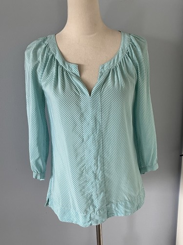 Lilly Pulitzer NEW 100% Silk Moxy Blouse Turquoise White Stripe 3/4 Sleeve - XS - Picture 4 of 10