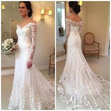 Vintage Mermaid Off-Shoulder Long Sleeves Wedding Dress Lace Bridal Gowns 2019