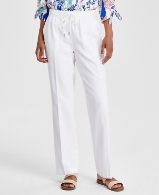 Jones New York Linen Drawstring Waist Buttoned-Pocket Pants, NYC White, Large