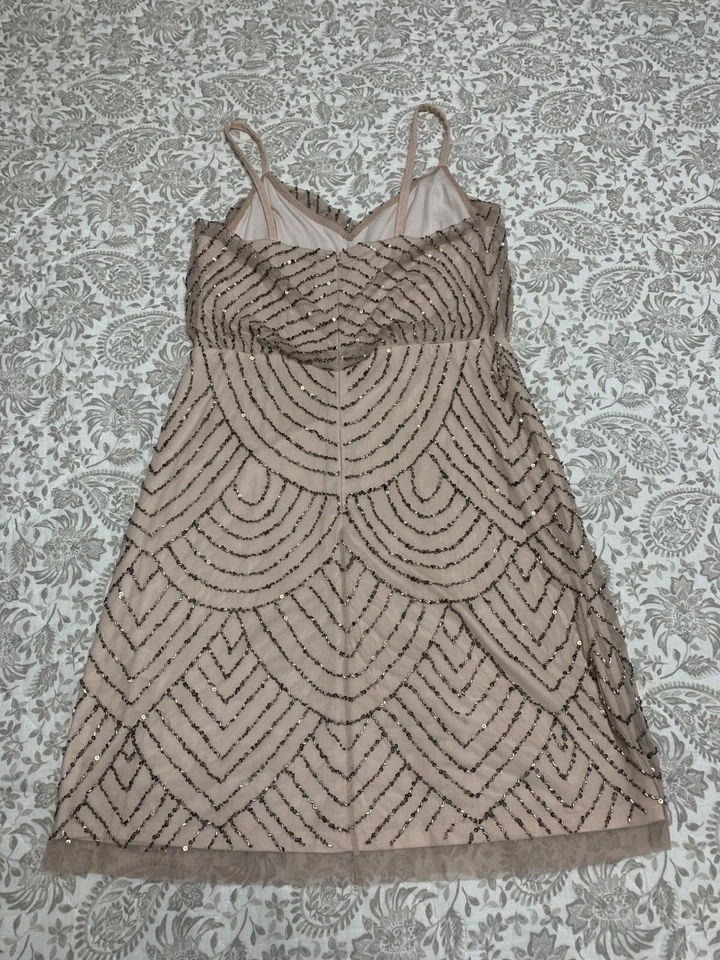 Adrianna Papell Sequin Mesh Blouson Dress Taupe Pink  Size 8 - Image 2 of 4