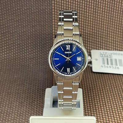 Casio LTP-V002D-2B3 Blue Analog Stainless Steel Date Roman Classic Ladies Watch