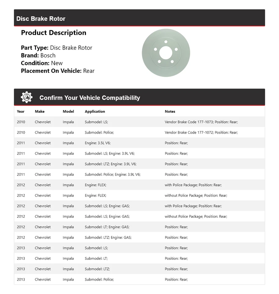适用于 2010 - 2013 雪佛兰 Impala Bosch QuietCast 盘式制动转子 2011 年后部 2012 — 第 2/4 张图片