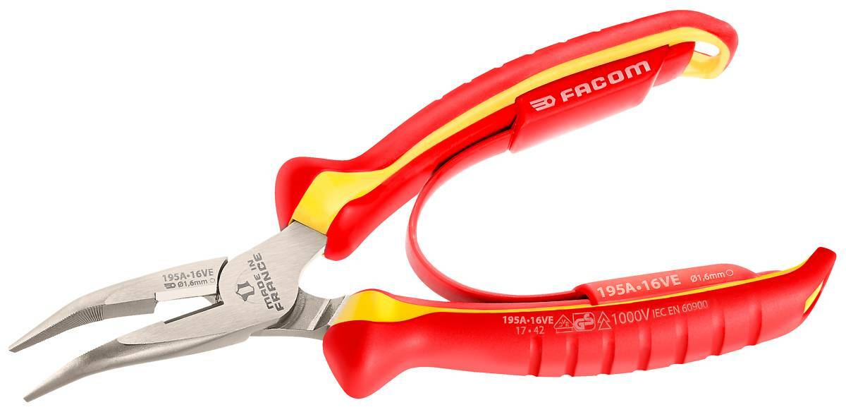 Facom 193A.16VE 1000V Insulated VDE Short Half-Round Snipe Nose Pliers 160mm