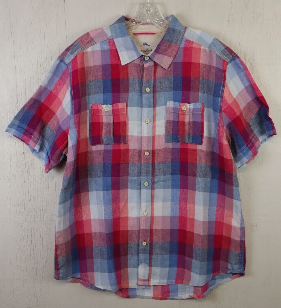 Mens Tommy Bahama Button Front Shirt Linen Size L Geometric Red Blue Check