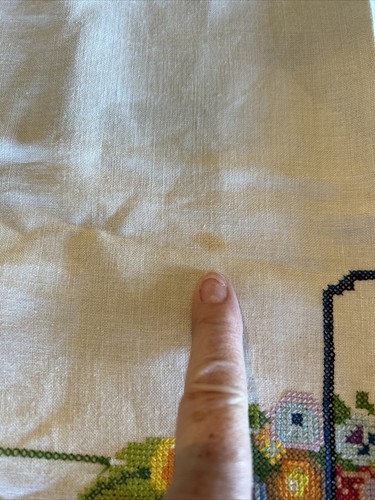 Vintage Hand Cross-Stitched Linen Tablecloth 50x50” Floral Basket - Picture 5 of 9