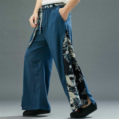 Men Dragon Print Loose Pants Vintage Cotton Linen Wide Leg Trousers Baggy Casual
