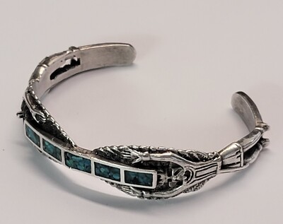 ZUNI INLAY NATIVE AMERICAN TURQUOISE EAGLE DANCER BRACELET (CRACKED)