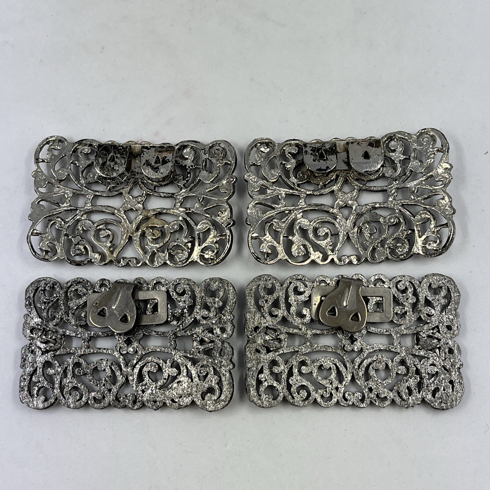Vintage Silver Tone Ornate Shoe Clips Buckle Metal Pair Rectangle Set Of 2