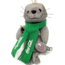 Vintage Collectable Coca-Cola Bean Bag Plush Seal in Green Scarf