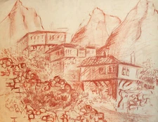 Antique impressionist pastel painting mountain village landscape