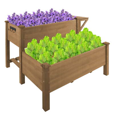 PETSCOSSET Raised Garden Bed 2-Story Outdoor Wooden Elevated Planter Box, Brown