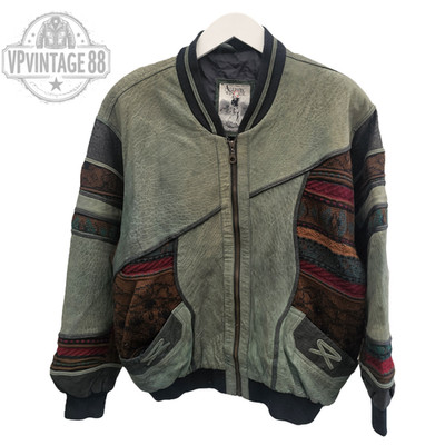 Vintage Azteken Navajo Bomberjacke Inka Style Grün Leder Festival Mantel