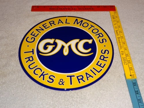 VINTAGE GMC GENERAL MOTORS TRUCKS +TRA 11 3/4" PORCELAIN METAL GASOLINE OIL SIGN