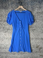 Madewell Dress Womens 6 Blue Button Front Puff Sleeve Mini V Neck Shirt Dress