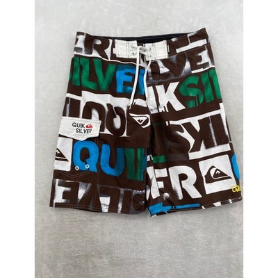 Quiksilver Board Shorts Mens 36 Brown Graffiti Logo Print Surf Swim Cargo Trunk