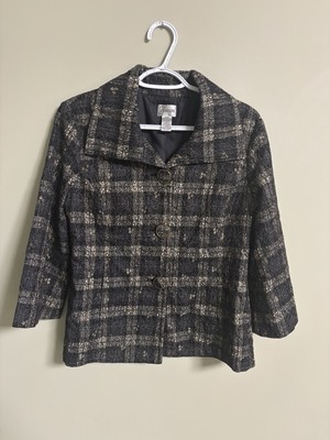 CHICO'S Jacket Size 0 Small Lacey Plaid Jacket Black 3/4 Sleeves