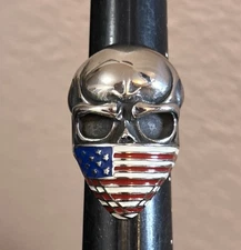 Vintage New 12 Stainless Steel Biker Ring Motorcycle Club Skull American Flag ￼