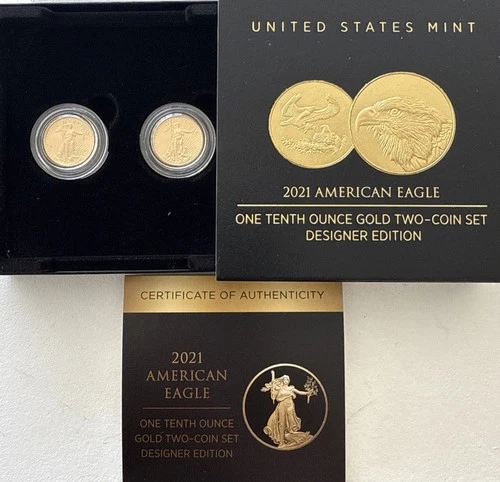 2021-W 1/10 oz Proof $5 Gold Eagle Two Coin Designer Set Box & COA  21XK