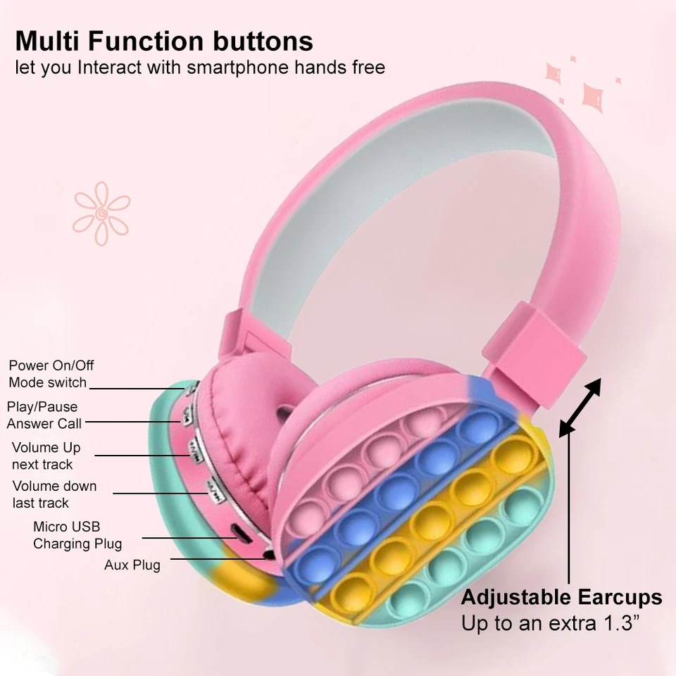 NEW Kids Headsets Pop It Fidget Wireless Bluetooth Over-Ear Headphones Pink Blue - Image 3 of 4