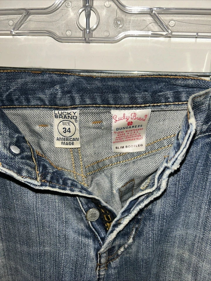 Vintage Lucky Brand Dungarees Jeans Mens 34x34 Blue Slim Bootleg Cut USA Made - Image 2 of 4