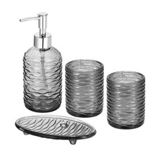 4 Pcs Clear Glass Bathroom Accessory Set for Bath Storage, Black/Wavy Stripes