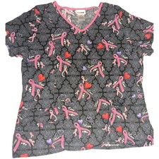 Women's Scrubstar Black  Pink Hospital Breast Cancer V-neck Scrub Top Sz Large