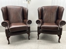 Brown Leather Chesterfield Wingback Armchairs Pair