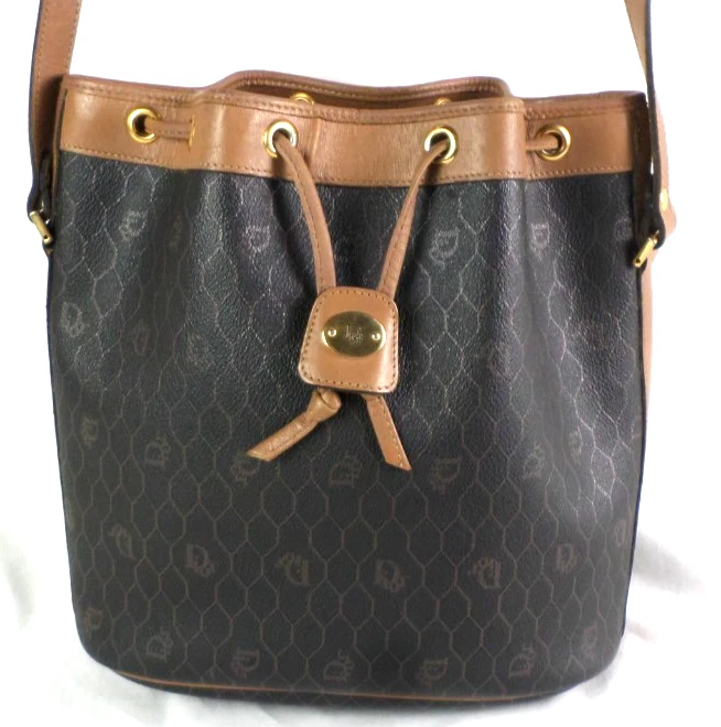 Bolso de hombro vintage Christian Dior negro PVC nido de abeja cuero marrón cubo WOW Foto 3 de 4