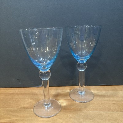 Lenox Blue Optic Crystal Goblets Set Of 2 Ball Stem Wine Water Glasses 8'' Vtg