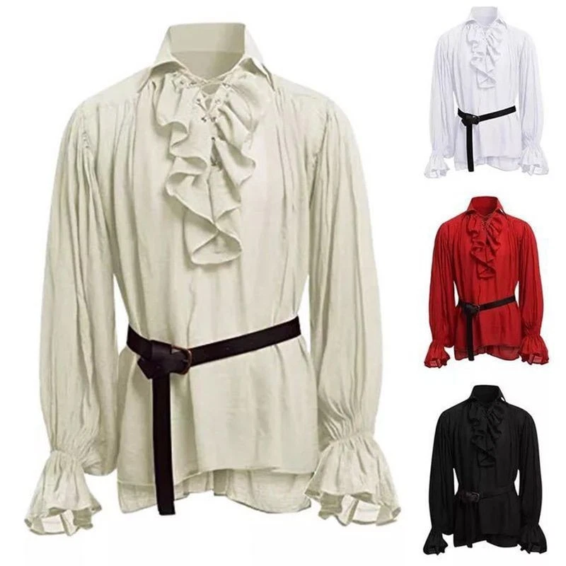 Camicia Rinascimentale Uomo In Cotone E Lino – Maniche Lunghe Con Lacci, Costume Medievale Pirata Vichingo
