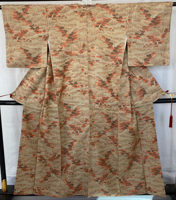 Japanese Vintage Kimono Silk Beige Tumugi Traditional Authentic Length 61 in