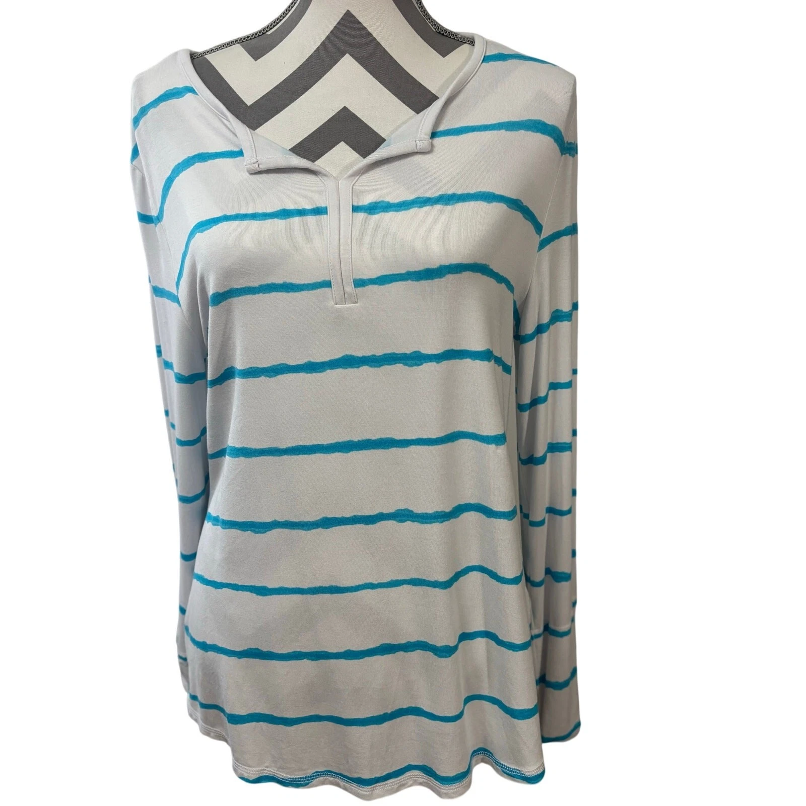 T by Talbots UPF 50+ Blue White Striped Sun Protection Top Women's Large L
