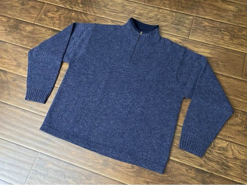 Woolrich Men's 1/4 Zip Blue Knit Mock Sweater 100% Wool Long Sleeve Size XL