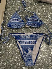 Christian Dior Blue Logo Animal Print Adjustable Halter Triangle Bikini Set
