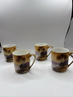 Vintage Japanese Noritake Teacups  ''Tree in the Meadow'' 1910 Set Of 4