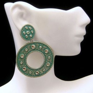ELOXAL-Aluminum-Green-Enamel-Pierced-Earrings-Large-Dangles-Vintage-NOS