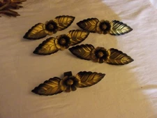  Lot of 5 Matching Antique Metal Curtain Tie Backs Floral Gold & Black 6.5 in